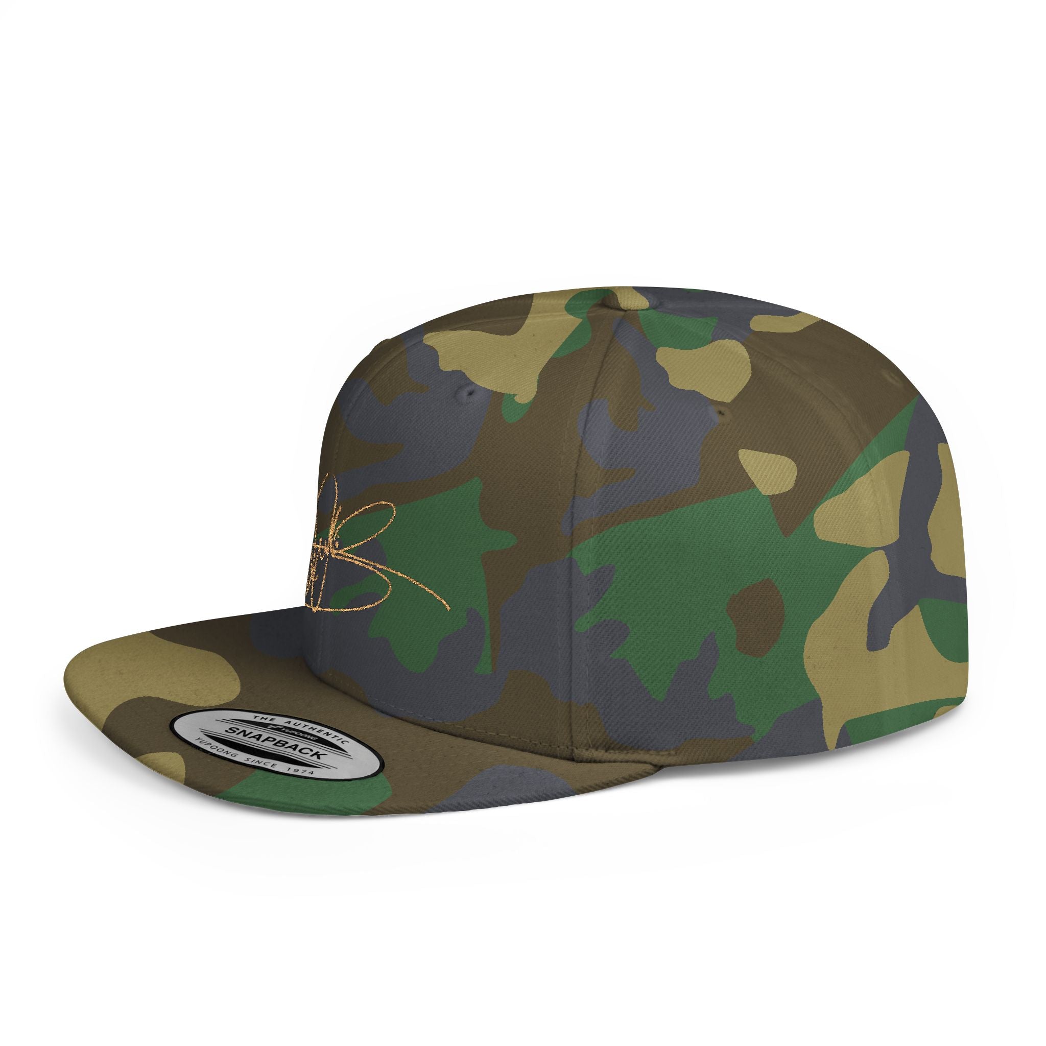 Camo Flat Bill Snapback Hat with Gold Script Signature