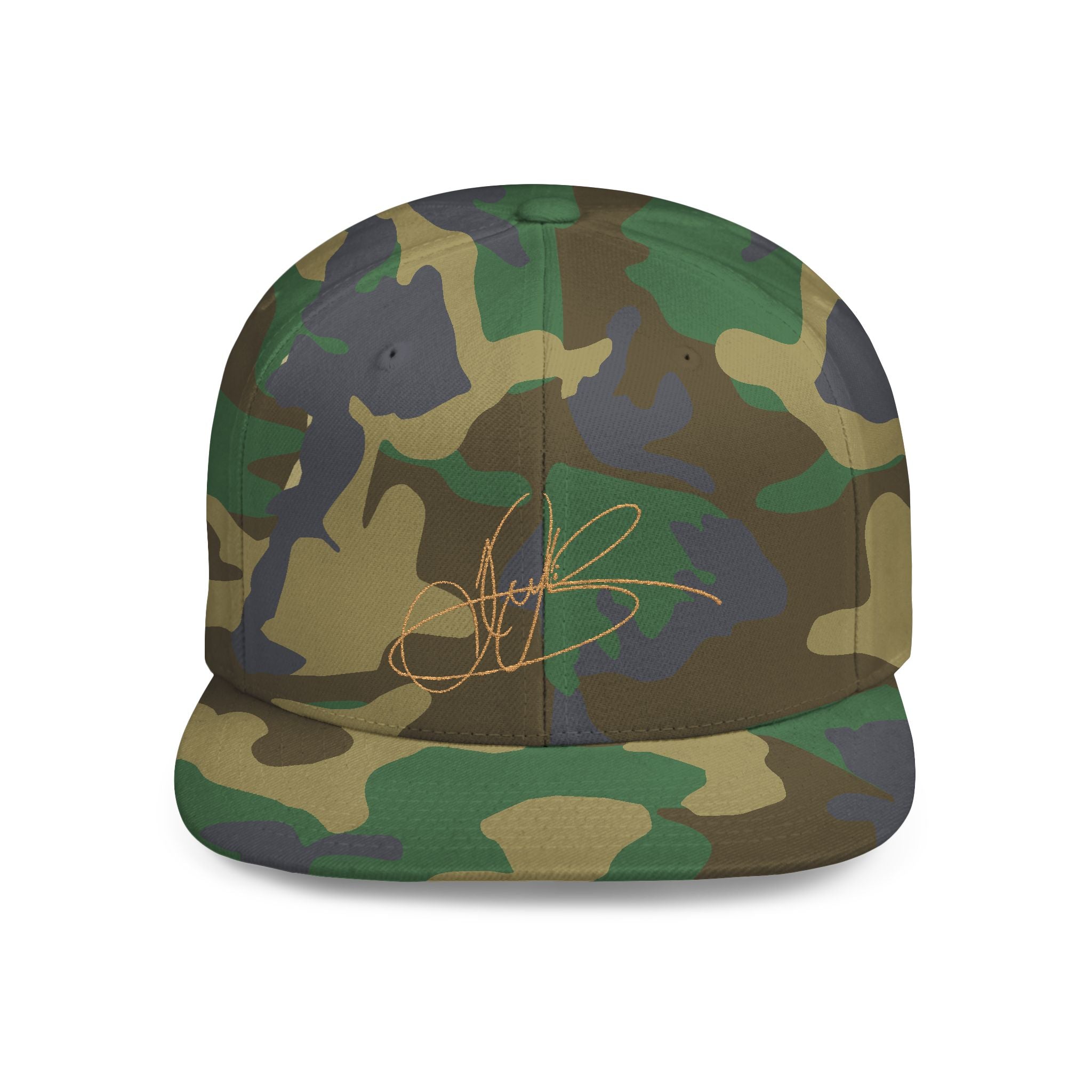 Camo Flat Bill Snapback Hat with Gold Script Signature