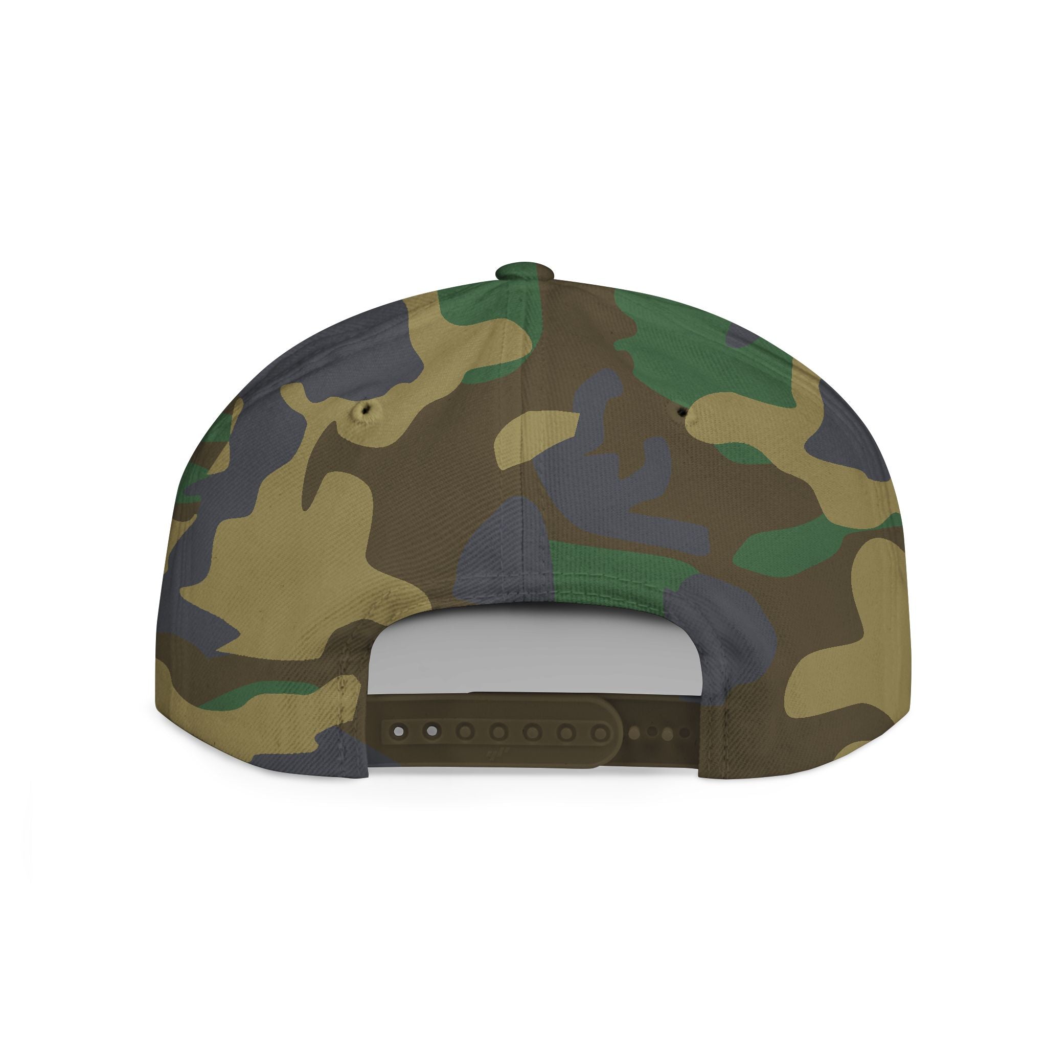 Camo Flat Bill Snapback Hat with Gold Script Signature
